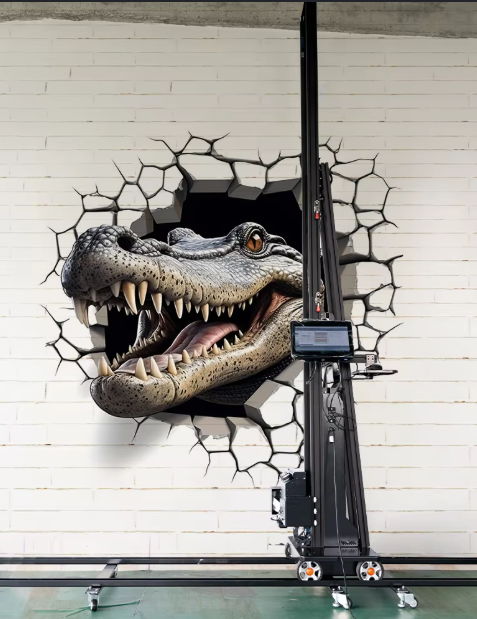 3D optical illusion crocodile bursting through brick wall with vertical printer