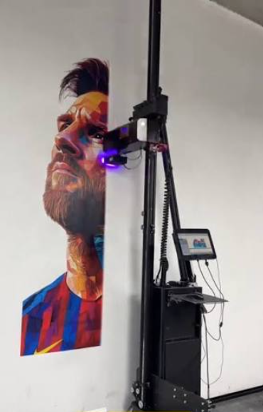 Lionel Messi geometric vector portrait printed directly on wall with UV printhead